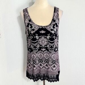 Bila Black & White Patterned Sleeveless Top, Shiny Sequins, Embroidered Hem Sz M